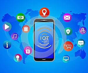 Internet of things concept. IOT web banner. Cloud app technology. Smartphone with colorful mobile app icons