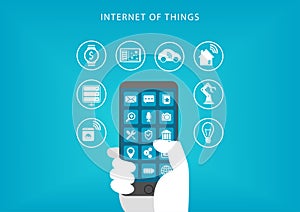 Internet of things concept. Vector illustration of hand holding smart phone