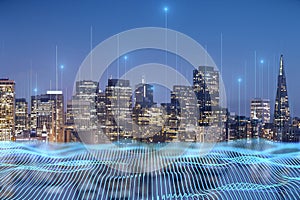 Internet of things, high speed connection and smart city concept with blue digital wire waves on New York city background, double