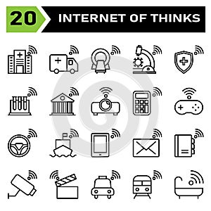 Internet of things icon set include hospital, clinic, internet of things, ambulance, car, tomography, microscope, virus, shield,