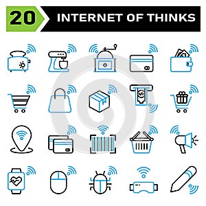 Internet of things icon set include toaster, bread, internet of things, mixer, grinder, coffee, credit card, payment, wallet,