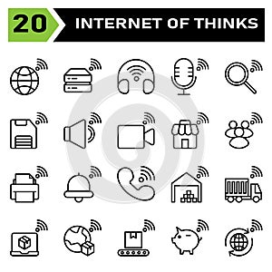 Internet of things icon set include world, earth, internet of things, hard disk, drive, headphone, headset, microphone, search,