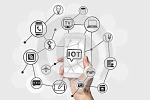 Internet of Things (IOT) concept with hand holding modern white and silver smart phone.