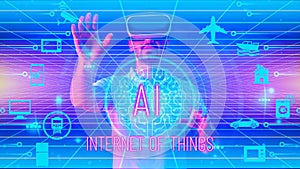 Internet of things or IOT concept of man with AI brain and connectivity of home appliance communication and transportation system