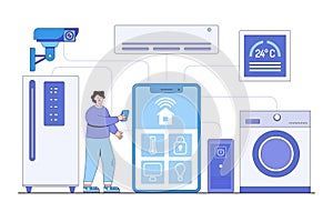 Internet of Things (IoT) Concept with a Person Controlling Household Appliances Remotely