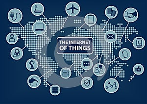 Internet of Things (IoT) word and icons with globe and world map