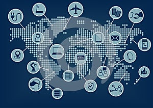 Internet of Things (IoT) word and icons with globe and world map