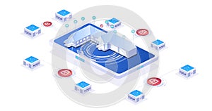 Internet of things isometric poster with smart house on screen of smartphone. Control household appliances function