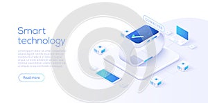 Internet of things layout. IOT online synchronization and connection via smartphone wireless technology. Smart technology concept photo