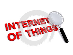 Internet of things with magnifying glass on white