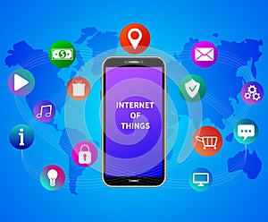 Internet of things. Mobile services. Cloud app technology. Smartphone with colorful social media icons on blue background