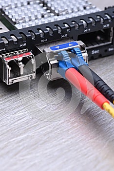 Internet Of Things Optical Fiber with Gbic Closeup