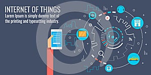 Internet of things - smart communication - cloud computing system, smart device, automation concept. Flat design vector banner.