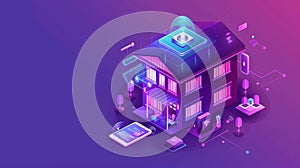 An Internet of things technology banner. A modern landing page with a house control system, an isometric mobile phone