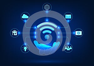 Internet of Things technology with Wi-Fi compatibility hand holding wifi connection with icon Refers to the technology of