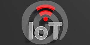 Internet of things text and red wifi symbol, black background. 3d illustration
