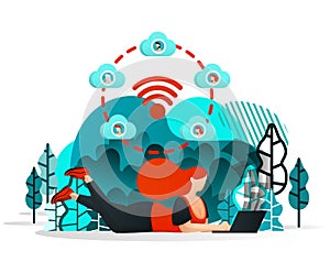 Internet of things to Share. Girl or People Can Work With Friend Anywhere Using Internet and Wifi Network. Flat Cartoon Style. Vec photo