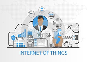 Internet of things vector background with business man and icons of connected devices