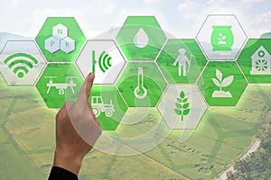 Internet of thingsagriculture concept, smart farming, industrial agriculture. Farmer point hand to use augmented reality technolog photo