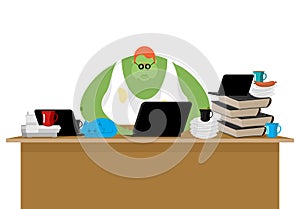 Internet trol. Big green monster and laptop. Vector illustration