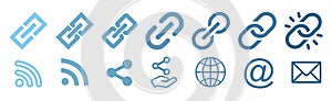Internet URL or webpage url link icons set. Link, share link, external link, database, icon set. URL icons. Wireless and