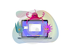 Internet viruses have attack of computer. Cyber crime vector illustration. Viral cartoon characters on laptop screen