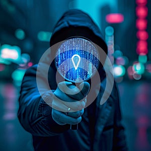 Internet vulnerability Hacker holding magnifying glass, symbolizing data protection