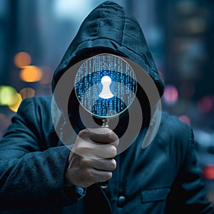 Internet vulnerability Hacker holding magnifying glass, symbolizing data protection