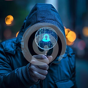 Internet vulnerability Hacker holding magnifying glass, symbolizing data protection