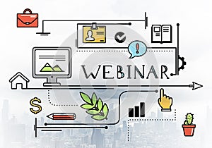 Internet webinar linear sketch with media signs