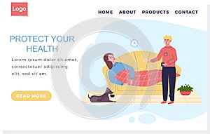 Internet website page layout. Man giving pills to sick woman. Protect human health concept