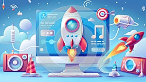 Internet website quick traffic optimization engine plugin testing. Computer desktop with web page, speedometer, clock