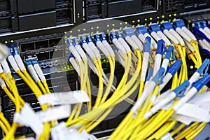 Internet wires fiber optic connecting on core network swtich in server