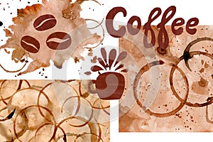Internetional coffee day card design. Watercolor brown background with mug, beans and lettering. Hand painting