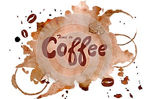 Internetional coffee day card design. Watercolor brown spot with lettering isolated on white background. Hand painting