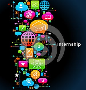 Internship concept. Banner with keywords and icons. Concept with icon of goal, skills, knowledge, mentoring, practice, opportunity