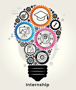 Internship concept. Light bulb with icons. Concept with icon of goal, skills, knowledge, mentoring, practice, opportunity, and