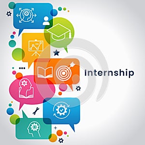 Internship concept. Speech bubble with icons. Concept with icon of goal, skills, knowledge, mentoring, practice, opportunity, and