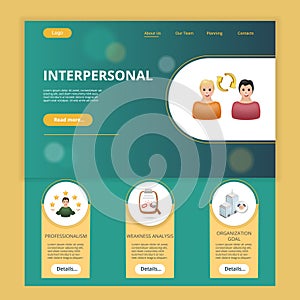Interpersonal flat landing page website template. Professionalism, weakness analysis, organization goal. Web banner with