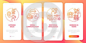 Interpersonal skill self assessment categories red onboarding mobile app page screen with concepts