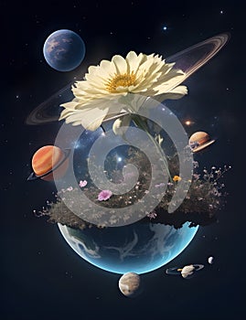 An interplanetary flower garden against the backdrop of a world