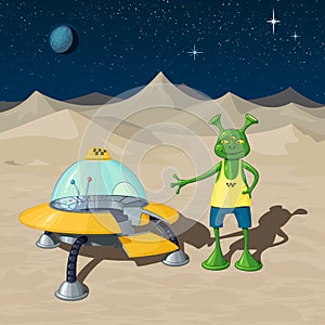 Interplanetary taxi - a flying saucer stands with an open door, next to it stands a humanoid driver photo