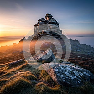 The interplay of light and shadow emphasizes the texture of the rocks and grass