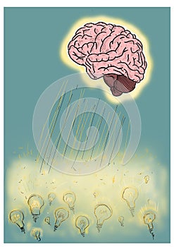 Interpretation of creating a brilliant idea. The illustration is made up of a brain that illuminates an expanse of light bulbs thr