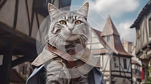 Interpretation of the fabulous puss in boots in medieval clothes, ancient city background. AI generated.