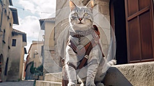 Interpretation of the fabulous puss in boots in medieval clothes, ancient city background. AI generated.