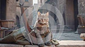 Interpretation of the fabulous puss in boots in medieval clothes, ancient city background. AI generated.