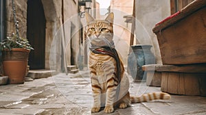 Interpretation of the fabulous puss in boots in medieval clothes, ancient city background. AI generated.