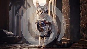 Interpretation of the fabulous puss in boots in medieval clothes, ancient city background. AI generated.