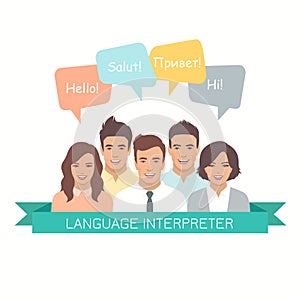Interpreter with speech bubbles in different languages photo